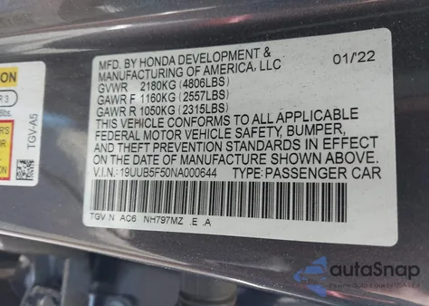 2022 Acura Tlx A-Spec Package from USA, damaged, VIN 19UUB5F50NA000644